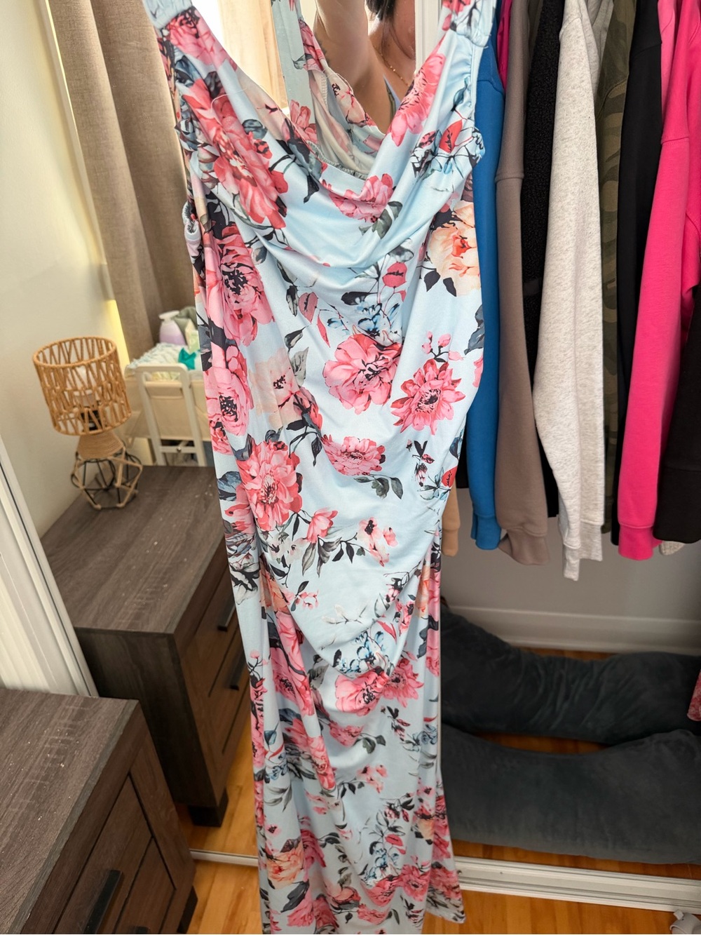 Light Blue Floral Maxi Maternity Dress with Pink Roses